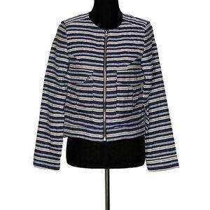 Frnch Womens‎ Jacket Blue White Stripe Zip Up Pockets Crew Neck Lined S